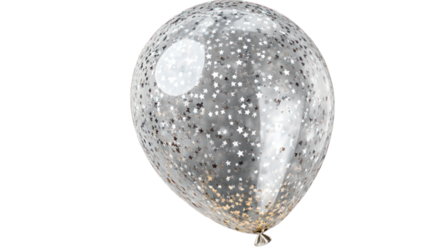 A translucent balloon filled with silver glitter and tiny stars on a transparent background