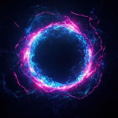 Radiant circular energy field glows with brilliant shades of blue and vibrant pink, illuminating the dark void with an otherworldly light.