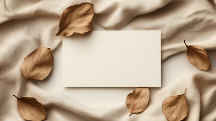 Fototapeta premium Minimalist composition: Blank Card Amidst Autumnal Leaves: An inviting blank card rests gracefully, encircled by dried leaves, resting elegantly on a soft textile background. 