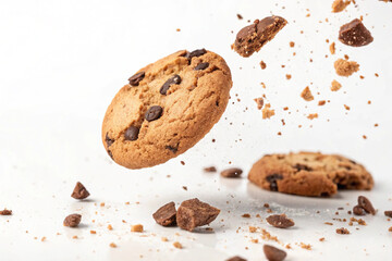 Delicious looking chocolate chip cookies with a hint of cinnamon. Lots of chocolate. White background.