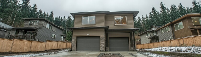 Modern duplex exterior in wooded area for real estate use