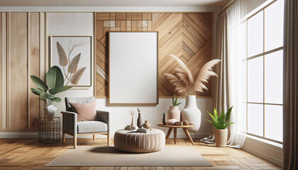 Wohnraum, Minimalistisches skandinavisches Wohnzimmer mit Mock-up