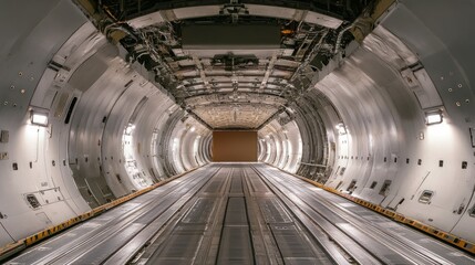 Cargo hold of a large aircraft.  Empty cargo bay,  metal interior