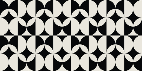Seamless black and white geometric retro floral style pattern. Repeated and decorative design that can be used for packaging, decorating, interior design, wallpapers, banners, and more.