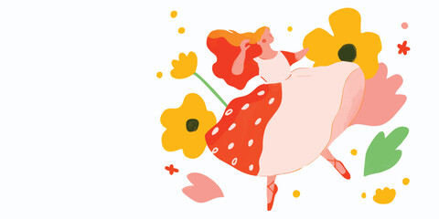 A vibrant illustration of a young woman gracefully dancing amidst blooming flowers, exuding joy and a sense of freedom. The scene captures the essence of spring.