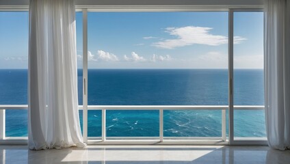 Fototapeta premium Ocean View From a Modern Glass Balcony With Flowing White Curtains