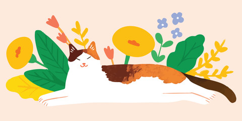 Obraz premium A contented feline rests serenely amidst a vibrant floral garden, creating a whimsical and heartwarming scene. The illustration style gives a touch of joy and peace.