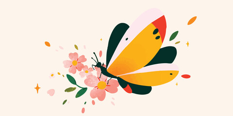 A vibrant digital art piece showcases a colorful butterfly gracefully perched amidst blooming flowers, against a clean backdrop, invoking a sense of spring. 