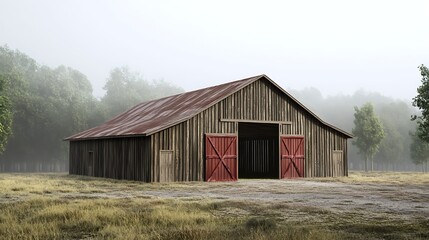Fototapeta premium Misty morning scene with wooden barn