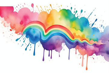 Rainbow watercolor banner background on white. Pure vibrant watercolor colors. Creative paint gradients, fluids, splashes, spray and stains. Abstract background. Watercolor hand drawn rainbow