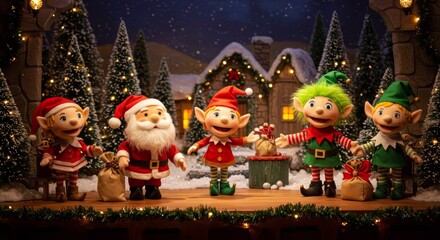 Festive Christmas Elves and Santa Puppet Show Scene on Stage with Winter Village Backdrop
