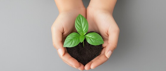 Pair of hands holding a small plant in the palm of a person's hands. the plant appears to be a young plant with two green leaves and a small pot of soil.