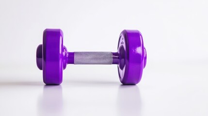 Obraz premium A purple dumbbell lies flat on a white surface, emphasizing its sleek design and vibrant color. The focus is on the exercise equipment, suitable for weight training