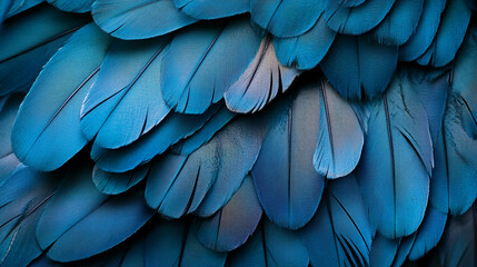 Close-up of overlapping blue feathers, showing texture and subtle color variations. Represents natural beauty, serenity, and elegance, ideal for design backgrounds