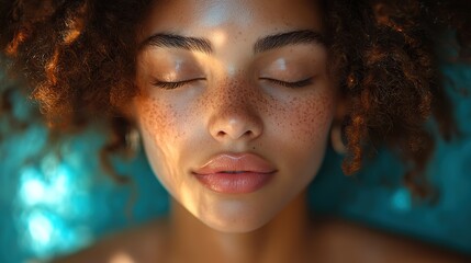 A closeup shows a young woman with closed eyes, highlighting perfect hearing and ear health.
