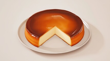 This dessert features a perfectly glazed caramel flan on a simple white plate. A slice is removed, revealing a smooth, creamy interior. The setting is warm and inviting, perfect for sharing