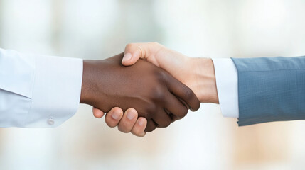 close up of two diverse hands shaking in agreement, symbolizing partnership and cooperation in professional setting. background is softly blurred, emphasizing handshake