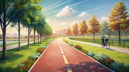 Cyclist on a paved path in a park