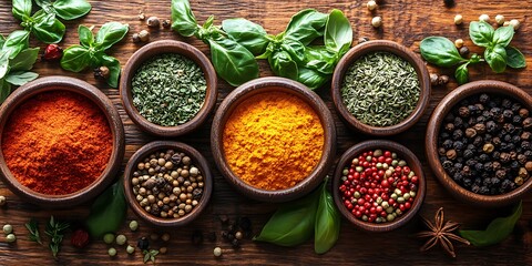 Several wooden bowls filled with various spices and fresh herbs
