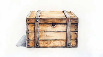 Obraz premium Wooden box closed by metal nails realistic vector illustration. Wooden crate or cargo box for storage, transportation and delivery of product with postal symbols, isolated on white background