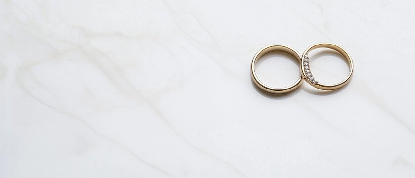 Two gold rings on a white marble surface. the rings are intertwined and appear to be made of a shiny gold material. they are placed side by side, with one ring slightly overlapping the other.