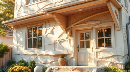 Front view of a unique stone textured house entrance