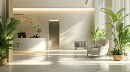 Modern hotel lobby interior design. Vector cartoon illustration of large hall with computer monitor on reception desk, creative illumination, armchair, baggage trolley, elevator door, green plants