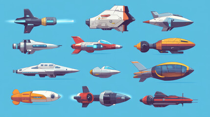 Alien space ships, ufo rockets, fantasy bizarre shuttles, computer game graphic design elements, cosmic collection of funny spaceships isolated on blue background, Cartoon vector illustration set