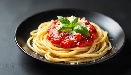 A dark plate of spaghetti with tomato sauce and parmesan cheese is presented on a dark surface. space  empty, spaghetti with tomato sauce and basil