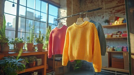 Fototapeta premium A fashion designer's creative process is showcased as sunlight illuminates colorful sweaters hanging on mannequins in a bright minimalist studio.