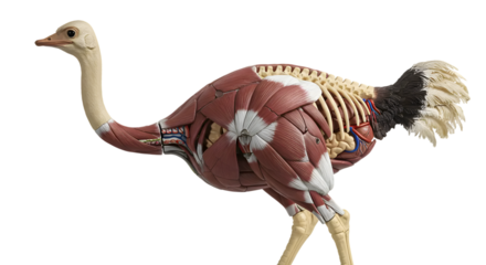 Realistic anatomical model of an ostrich showcasing detailed muscles and skeleton structure for educational, medical, or scientific illustration purposes
