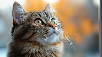 A fluffy cat with perked whiskers and wide eyes looks up curiously at something intriguing in the bright background.