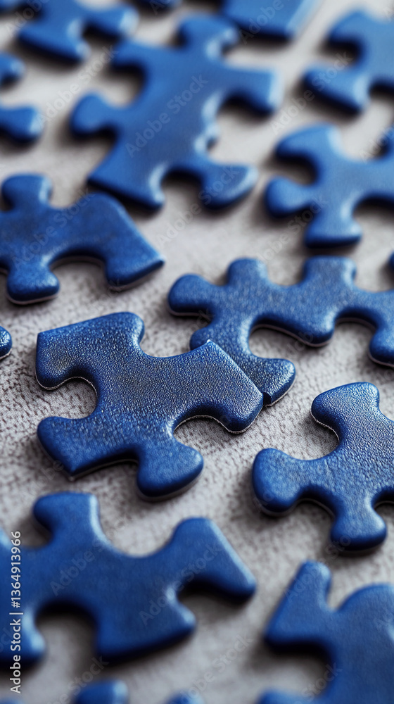 Poster Close-up of dark-blue puzzle pieces, textured surface, showing connection and problem-solving concept