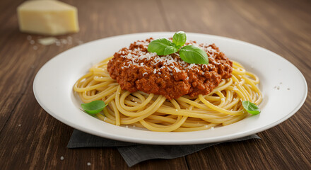 Delicious Spaghetti bolognese pasta with tomato sauce and minced meat, grated parmesan cheese and fresh basil - homemade healthy italian pasta on rustic wooden background