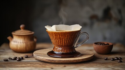 Aromatic Brew: A captivating close-up reveals the rich aroma of freshly brewed coffee, with a ceramic pour-over setup, coffee beans, and a charming wooden sugar bowl, crafting a cozy moment
