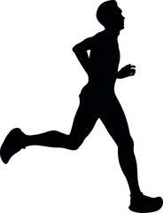 black silhouette runner running marathon on white background