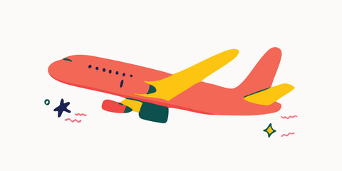 Naklejka premium A vibrant, graphic illustration of an airplane soaring, set against a background, suggesting travel and adventure.