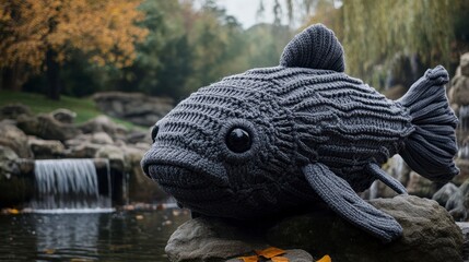 Knitted fish by a park waterfall