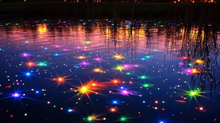 Obraz premium Colorful LED lights reflecting on water at dusk