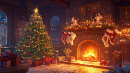 Festive Christmas home interior with decorated tree beside glowing fireplace. Cartoon winter holiday elements - angel and burning candles, hung stockings and wrapped gifts, seasonal decorations.