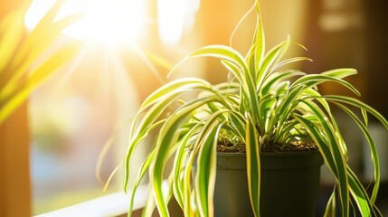 Obraz premium Bright sunlight filters through a window, casting a warm glow on a healthy spider plant in a pot. The plant's green leaves shine against a soft background in a home environment