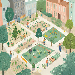 Aerial view public garden with vegetation plots