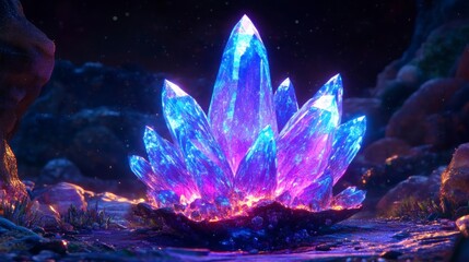 Glowing Crystal Cluster in Dark Terrain