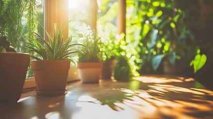 Obraz premium Interior view displaying various potted plants near a sunny window