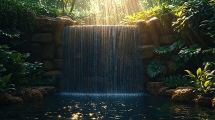 A mesmerizing waterfall cascading into a serene pond, surrounded by vibrant green foliage and exotic plants, is illuminated by sunlight filtering through the rainforest canopy.