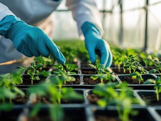 Naklejka premium Soil scientist testing agricultural samples in a greenhouse, sustainable farming, no face