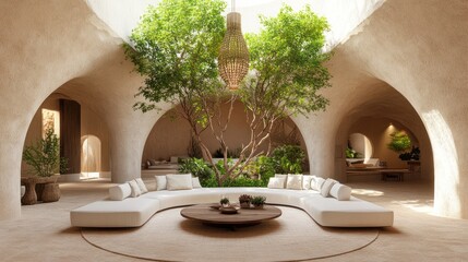Interior design, curved sofa, potted trees, archways, modern