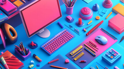 Graphic designer isometric landing page, computer desktop, tablet pc with application for painting, items and tools for creative work, illustrator equipment and program software 3d vector web banner