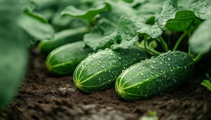 Obraz premium Fresh, Green Cucumbers Grow in Garden Bed, Close-Up View of Healthy, Organic Vegetables