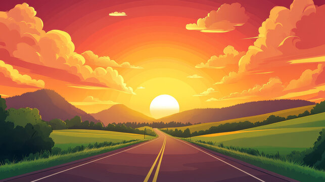 Road at sunset perspective view, summer nature landscape with sun behind the hills, orange sky with red fluffy clouds. Empty asphalted highway going along green fields, Cartoon vector illustration